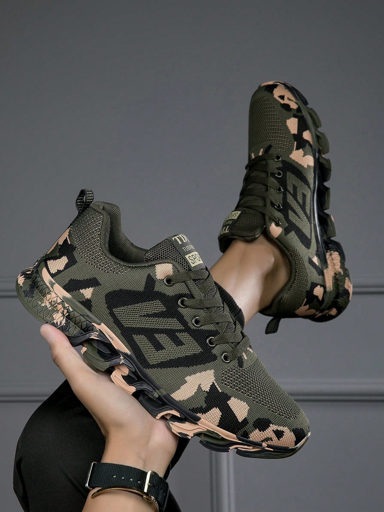 Sporty Sneakers For Men, Camo Pattern Lace-up Front Running Shoes