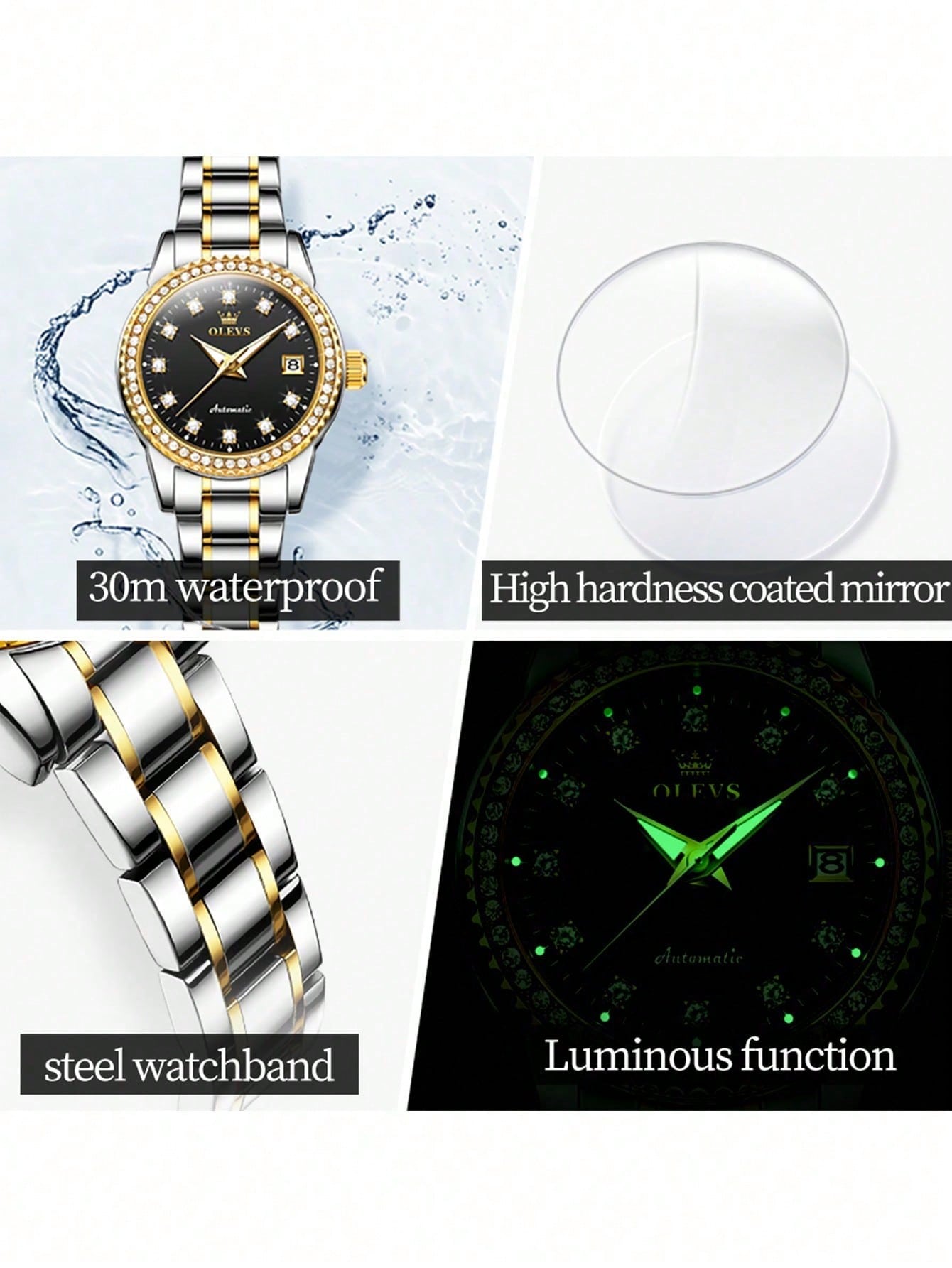 Olevs Original Diamond Dial Automatic Mechanical Women's Watch, Fashionable And Waterproof, Glowing Effect And Stainless Steel