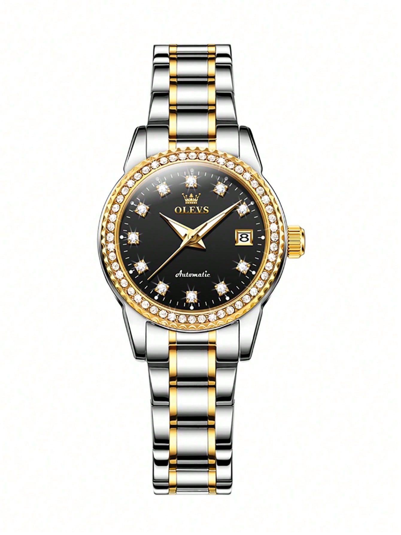 Olevs Original Diamond Dial Automatic Mechanical Women's Watch, Fashionable And Waterproof, Glowing Effect And Stainless Steel