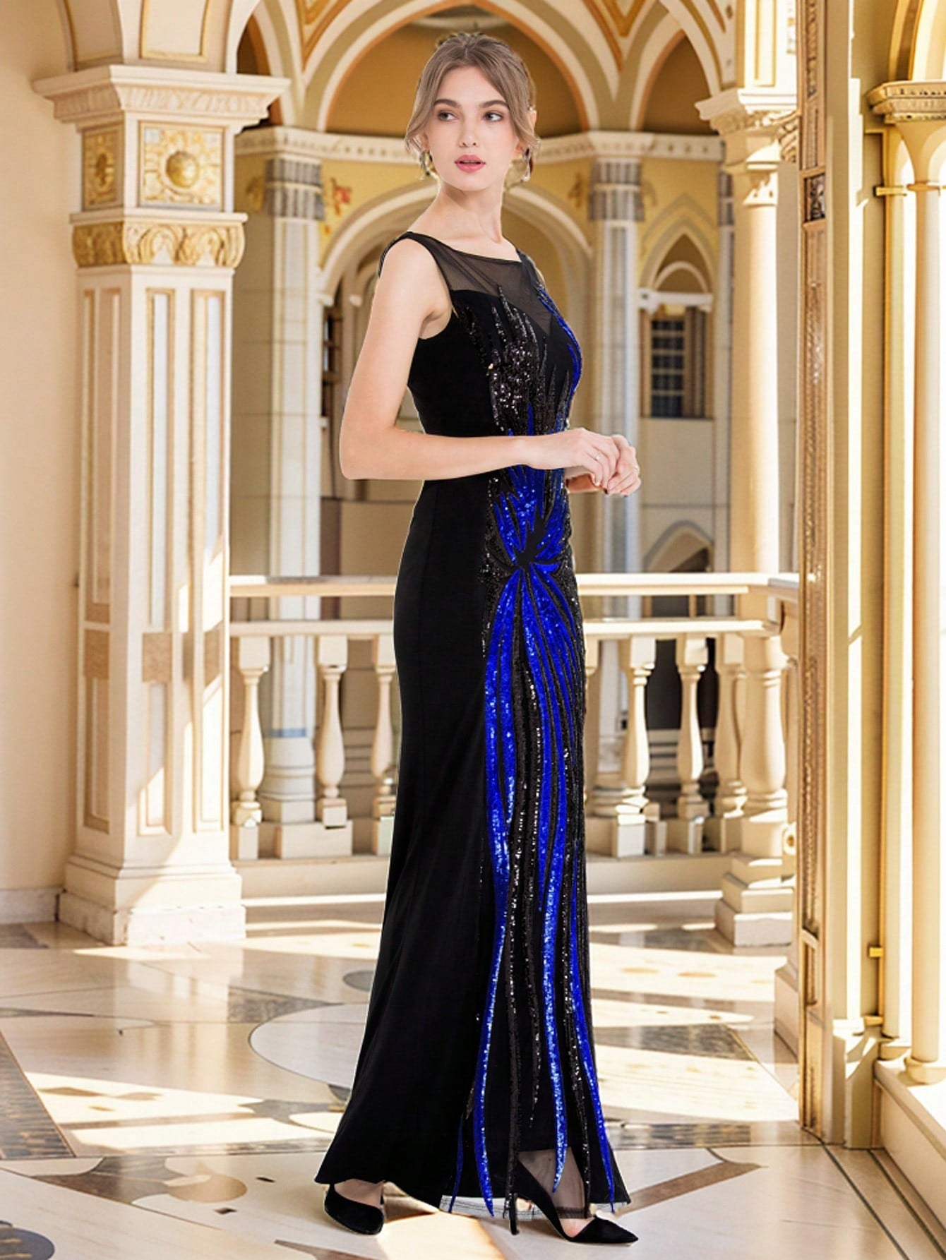 ANGEL FASHIONS Long Sheer Black Dress With Round Neckline, Blue Sequin Detailing For Evening