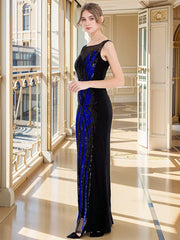ANGEL FASHIONS Long Sheer Black Dress With Round Neckline, Blue Sequin Detailing For Evening