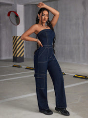 ICON Water Washed Denim Jumpsuit With Topstitching