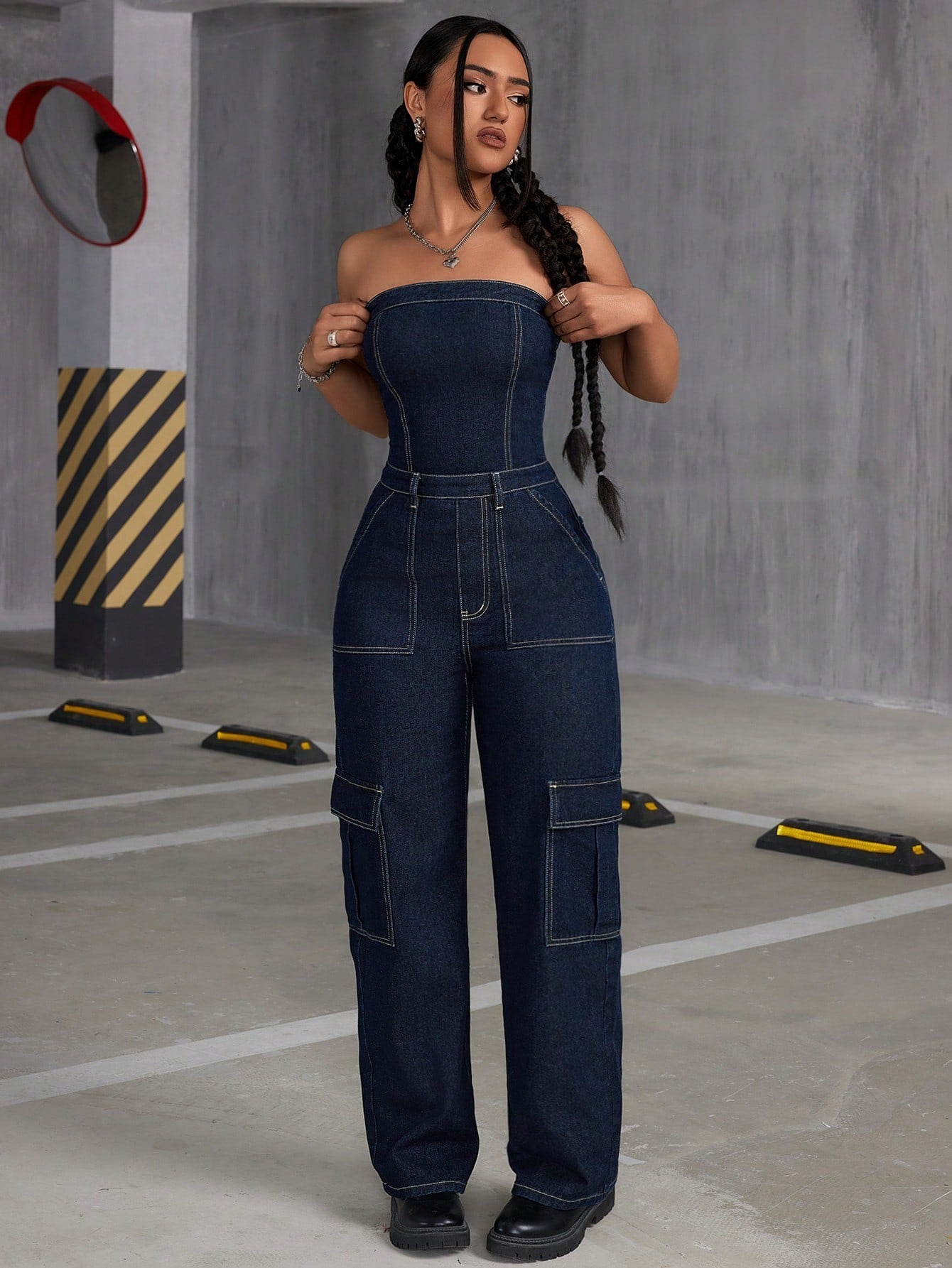 ICON Water Washed Denim Jumpsuit With Topstitching