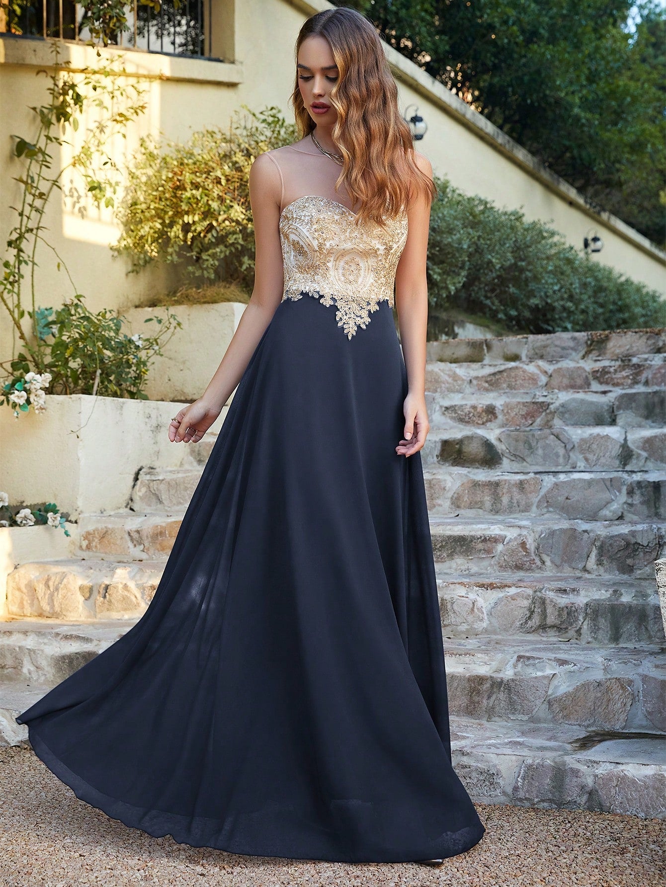 BABYONLINE D.R.E.S.S. Women'S Elegant Romantic Simple Lace & Rhinestone Decor Chiffon Evening Dress